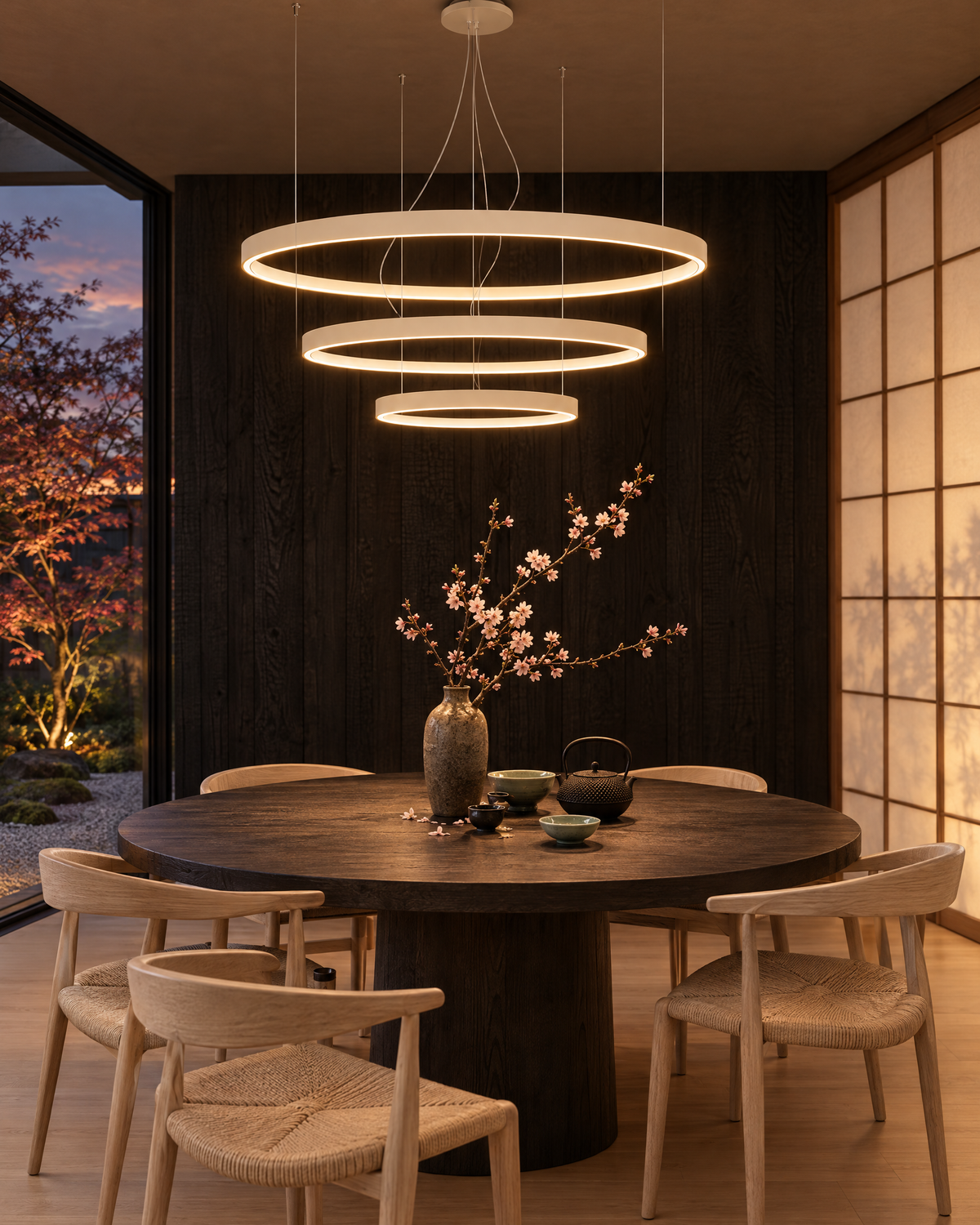 Suspension Rio 3 anneaux beige au-dessus d'une table ronde dans une salle à manger d'inspiration japonaise