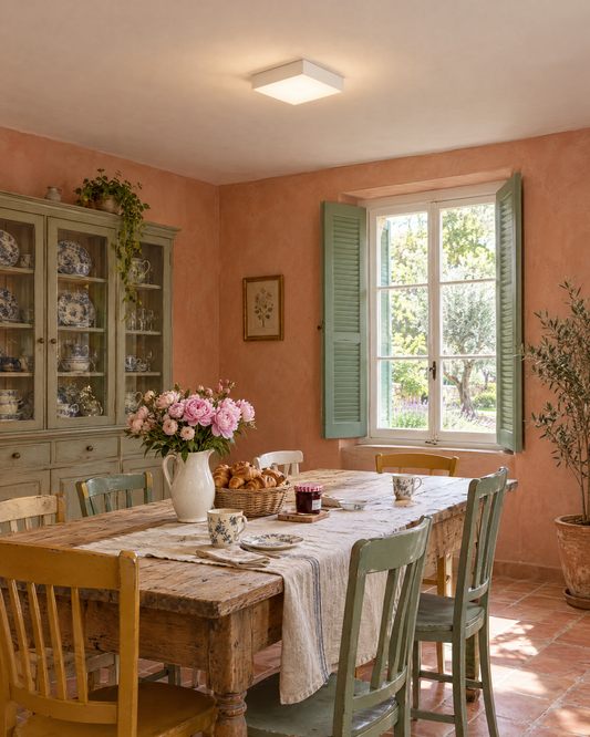 Plafonnier Horus blanc carré allumé dans une salle à manger de maison de campagne