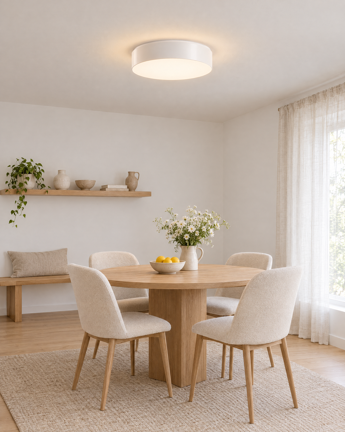 Plafonnier Arena blanc rond au-dessus d'une table dans une salle à manger
