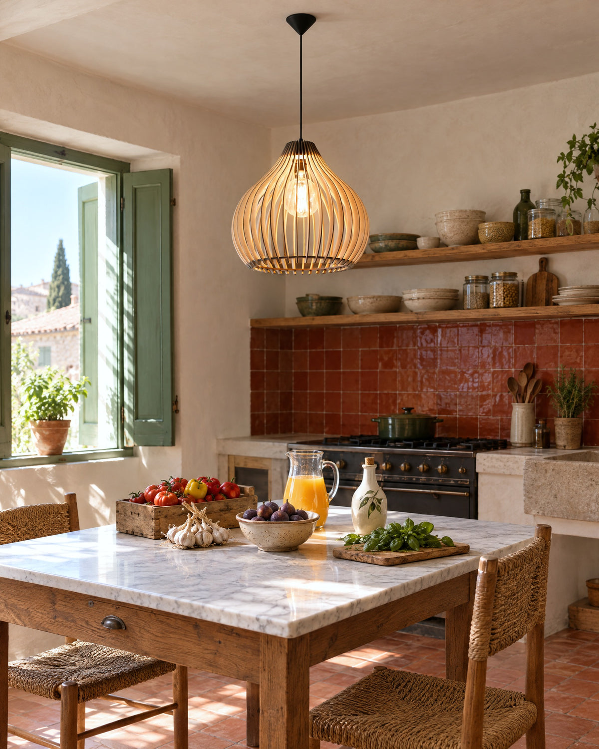 Suspension Aprilla en bois au-dessus d'une table en marbre dans une cuisine provençale