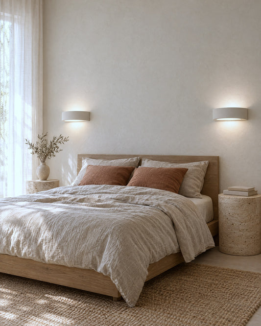 Paire d'appliques Atena en céramique blanche de part et d'autre du lit dans une chambre méditerranéenne