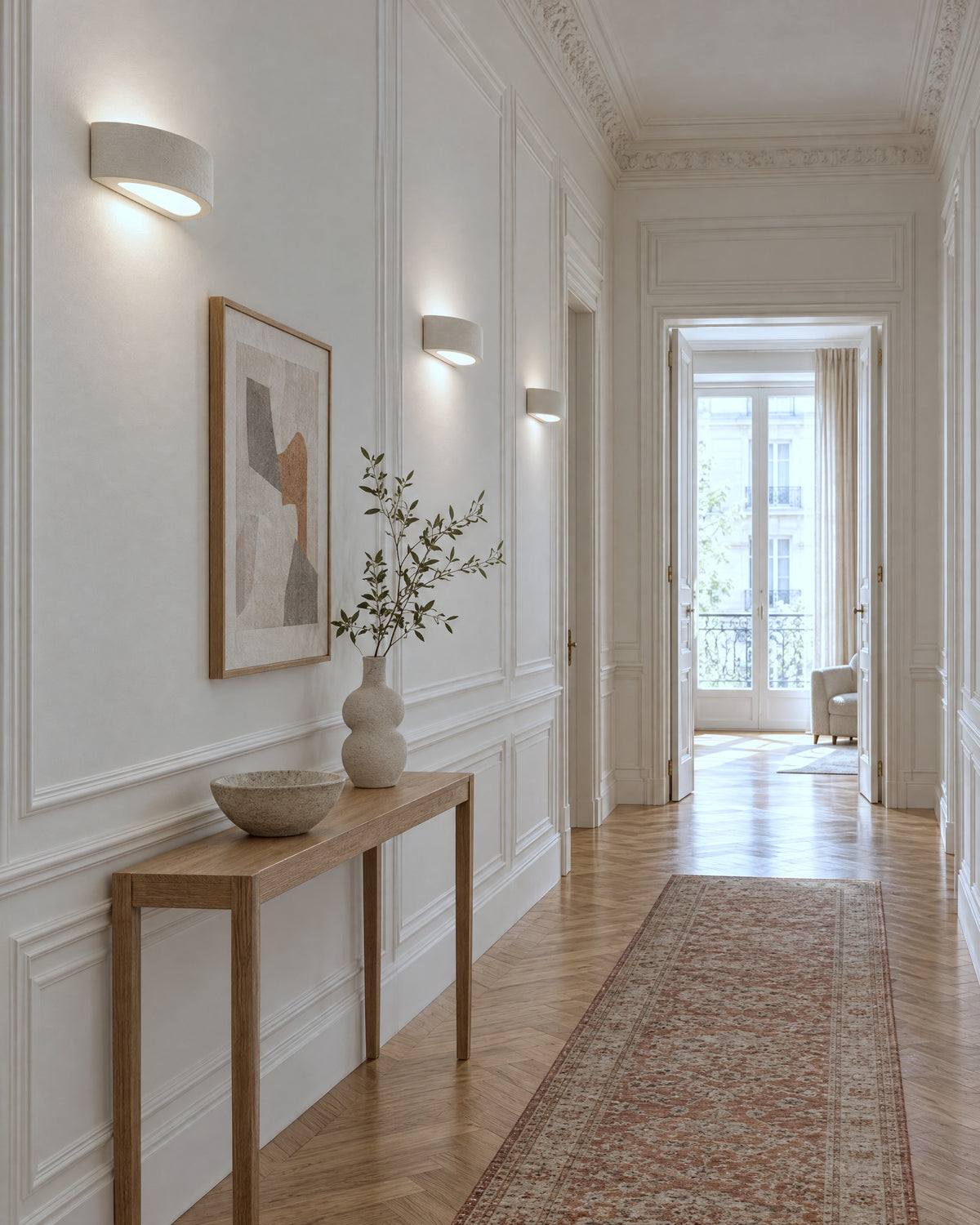 Appliques Atena en céramique alignées dans un couloir haussmannien