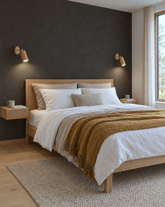 Paire de spots muraux Berg en bois naturel orientés vers le lit dans une chambre