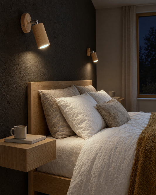 Spot mural Berg en bois allumé le soir dans une chambre