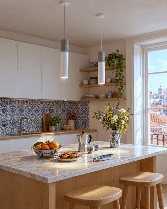 Deux suspensions Borgio béton et métal blanc au-dessus d'un îlot dans une cuisine à azulejos
