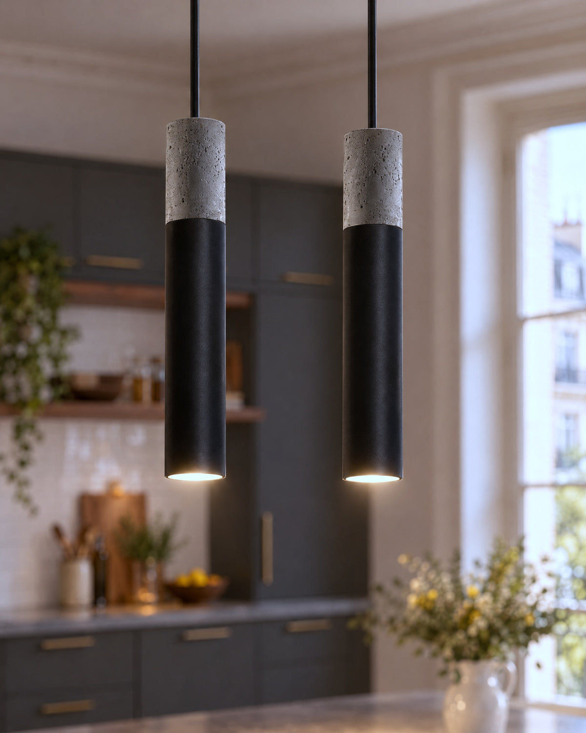 Détail des cylindres béton et métal noir de la suspension Borgio dans une cuisine
