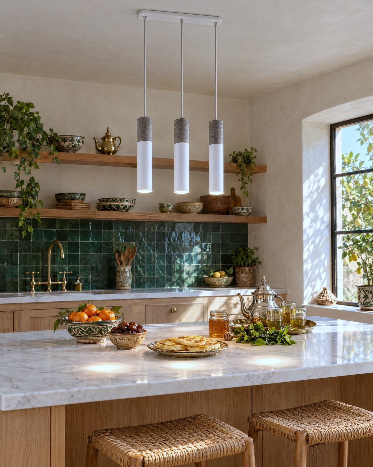 Suspension Borgio 3 lumières blanche et béton au-dessus d'un îlot dans une cuisine aux zelliges verts