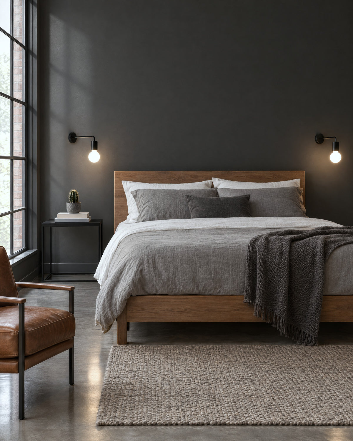 Paire d'appliques Duomo en métal noir avec ampoule globe de chaque côté du lit dans une chambre industrielle