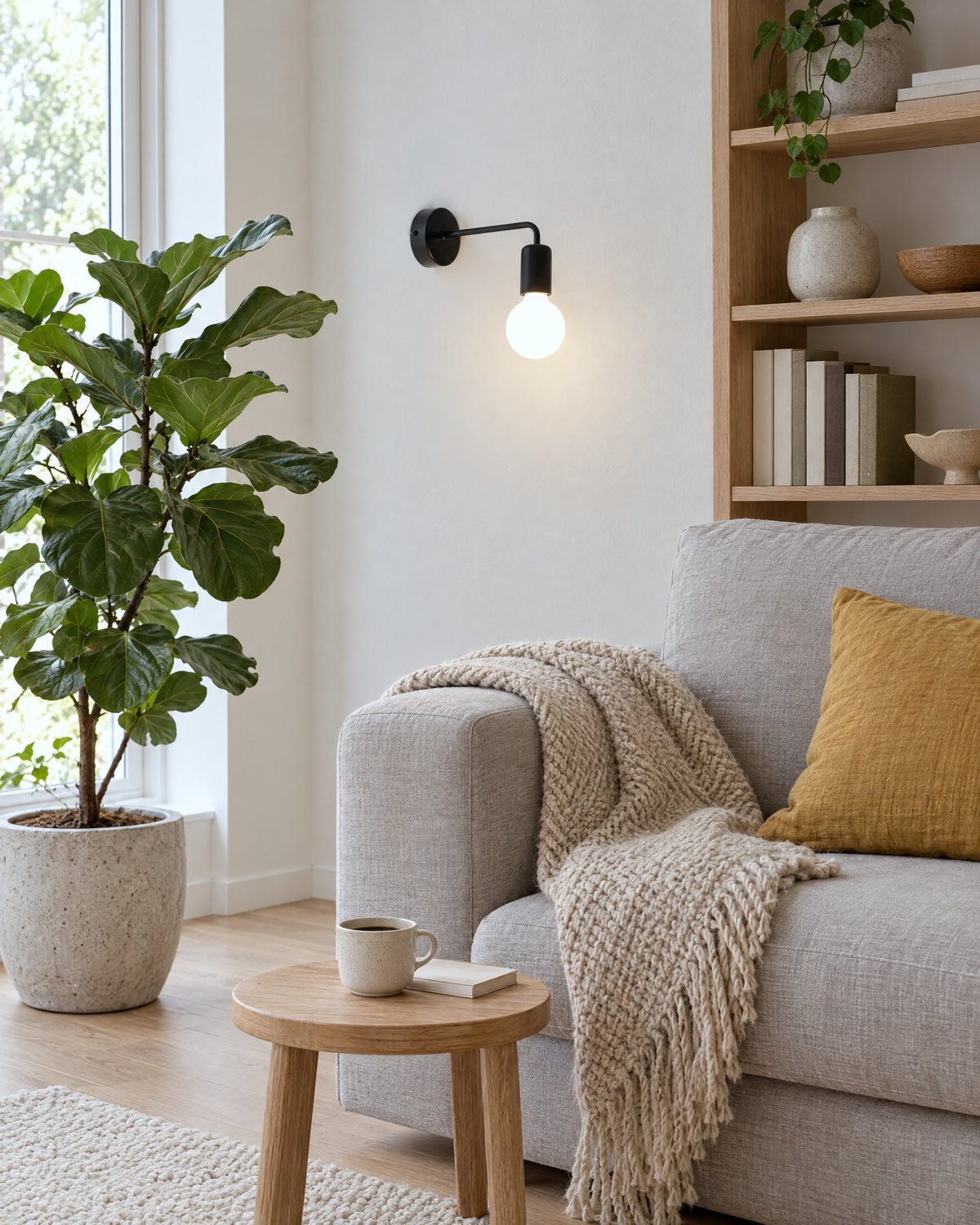 Applique Duomo noire au-dessus d'un canapé dans un salon scandinave