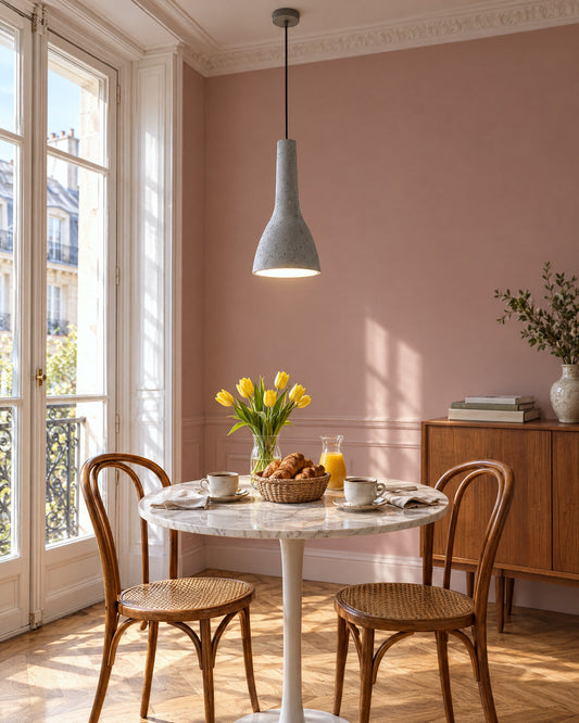 Suspension Empoli en béton au-dessus d'une table ronde en marbre dans une salle à manger parisienne