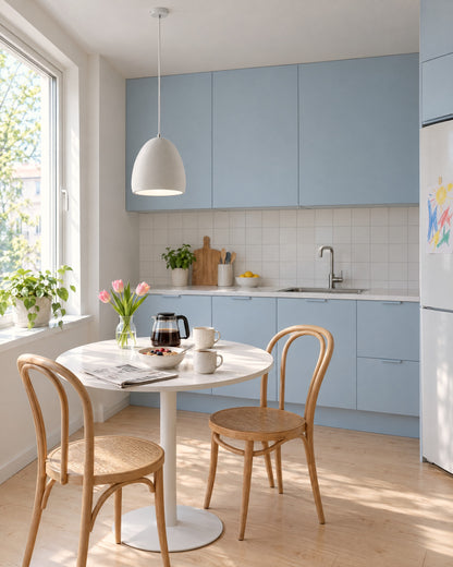 Suspension Flawiusz en céramique au-dessus d'une table de petit-déjeuner dans une cuisine bleu pastel