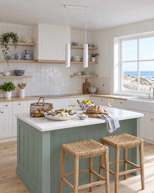 Suspension Lagos 2 lumières blanche au-dessus d'un îlot dans une cuisine bord de mer