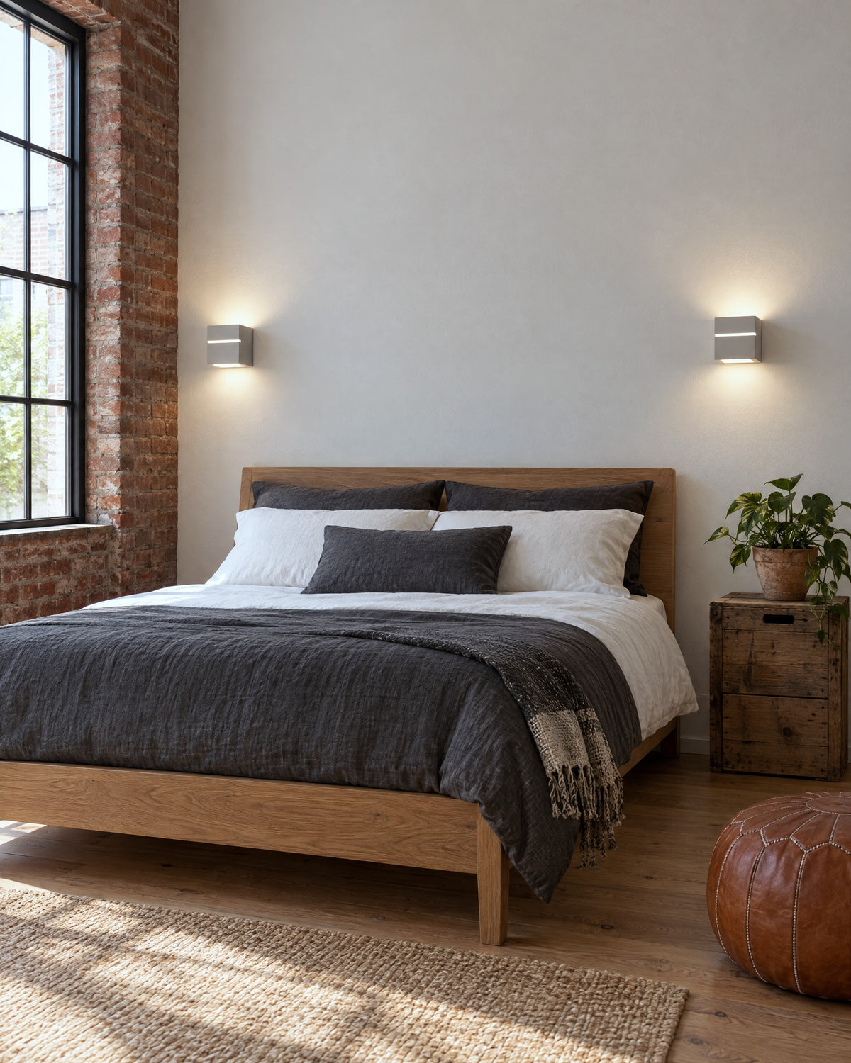 Paire d'appliques cubes Leo Line en céramique dans une chambre loft avec briques