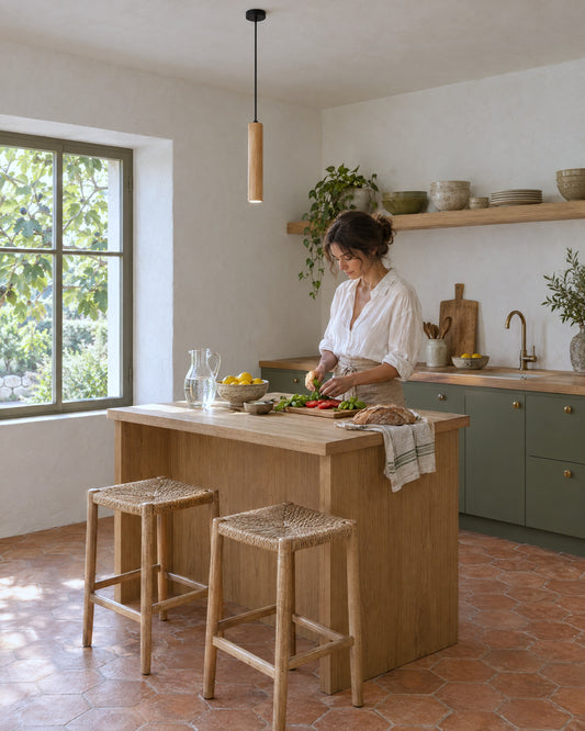 Suspension Lino en bois naturel au-dessus d'un îlot dans une cuisine méditerranéenne