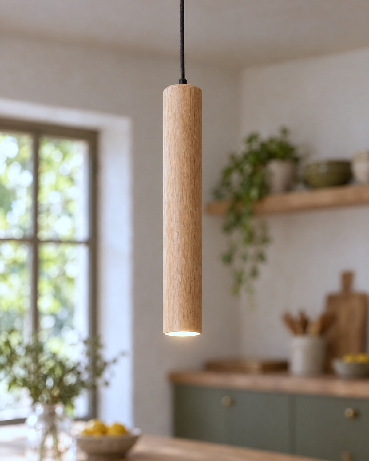 Détail du cylindre en chêne de la suspension Lino dans une cuisine