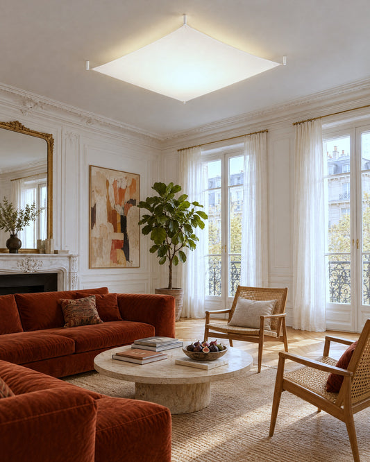 Plafonnier Luna en tissu blanc 140 cm allumé dans un salon haussmannien