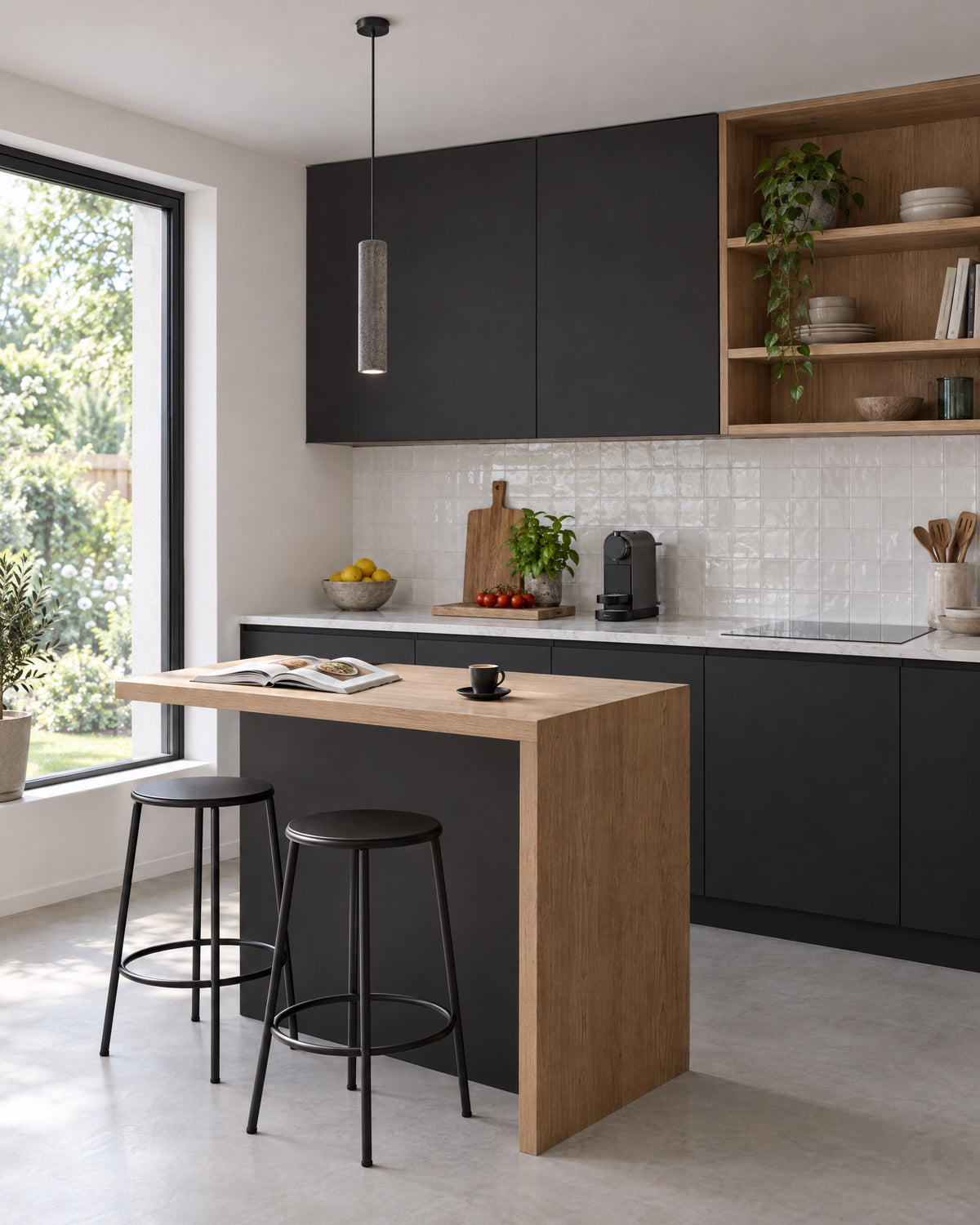 Suspension Luvo en béton gris au-dessus d'une péninsule dans une cuisine noire et bois