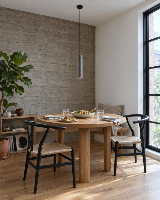Suspension Luvo en béton au-dessus d'une table ronde dans une salle à manger loft