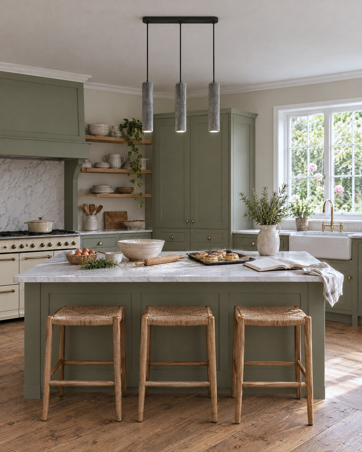 Suspension Luvo 3 lumières en béton au-dessus d'un îlot dans une cuisine vert sauge