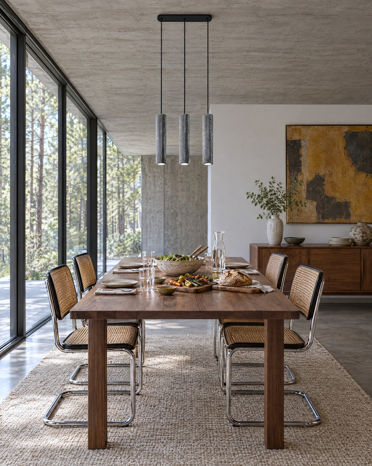 Suspension Luvo 3 lumières en béton au-dessus d'une table en noyer dans une salle à manger