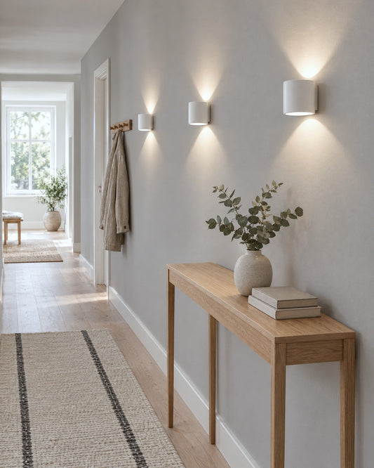 Appliques Orbis blanches alignées dans un couloir scandinave
