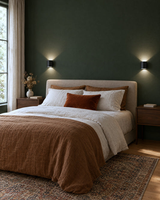 Paire d'appliques Orbis noires de chaque côté du lit dans une chambre vert forêt