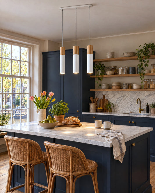 Suspension Pablo 3 lumières blanche et bois au-dessus d'un îlot bleu marine dans une cuisine