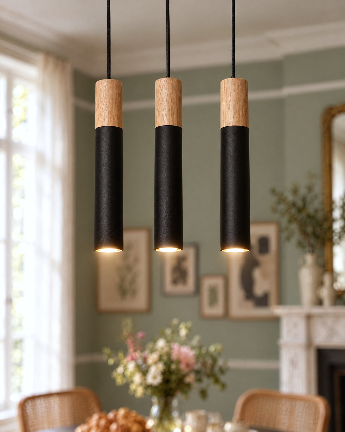 Suspension Pablo 3 lumières noire, détail du bois de chêne et du métal noir allumés
