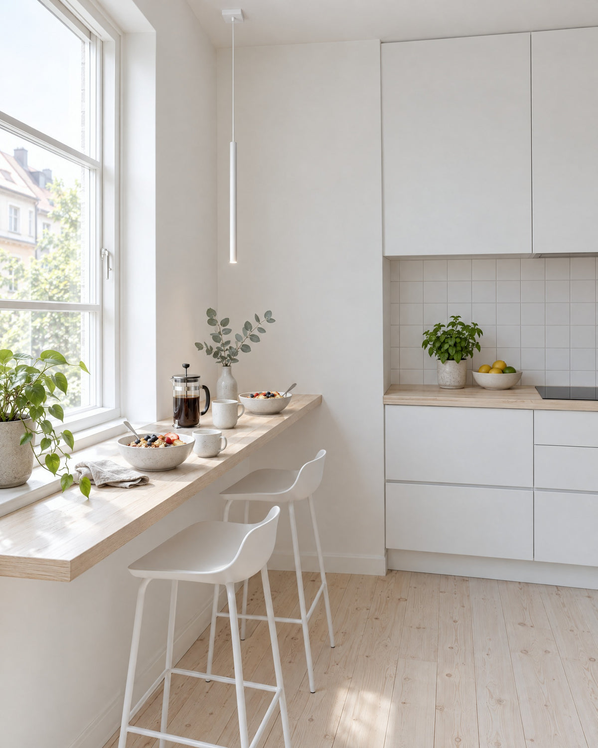 Suspension Pastelo blanche très fine au-dessus d'un comptoir dans une cuisine scandinave