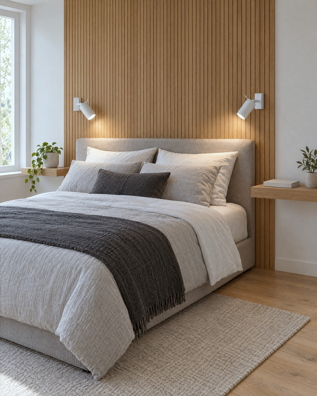 Paire de spots muraux Ring blancs de chaque côté du lit dans une chambre