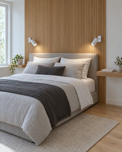 Paire de spots muraux Ring blancs de chaque côté du lit dans une chambre