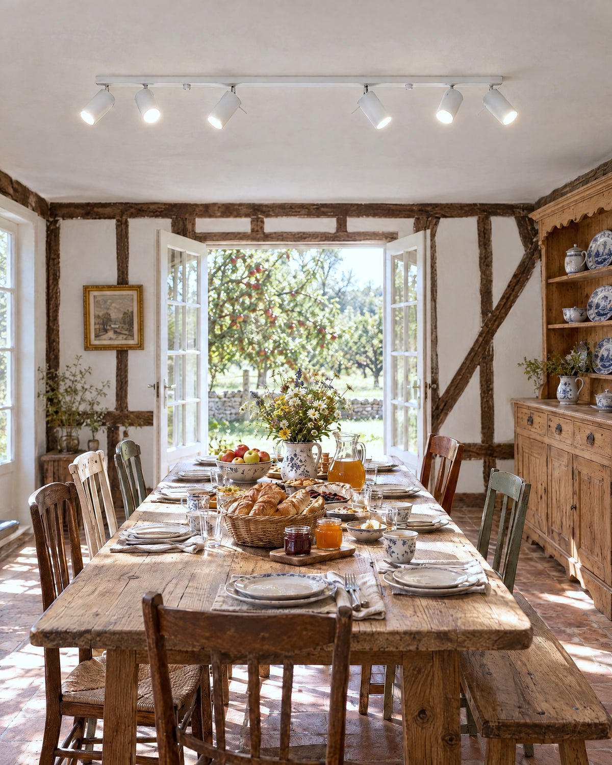Plafonnier Ring 6L blanc au-dessus d'une grande table en chêne dans une salle à manger normande
