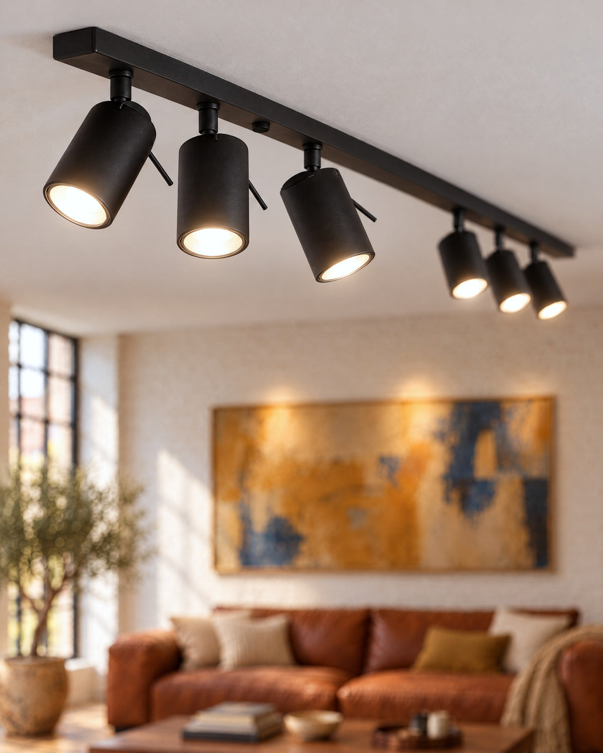 Plafonnier Ring 6L noir, détail des spots orientables allumés