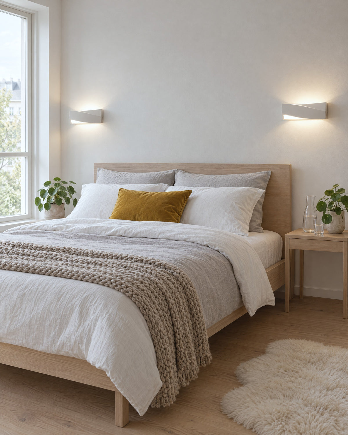 Paire d'appliques Sigma en céramique de chaque côté du lit dans une chambre scandinave