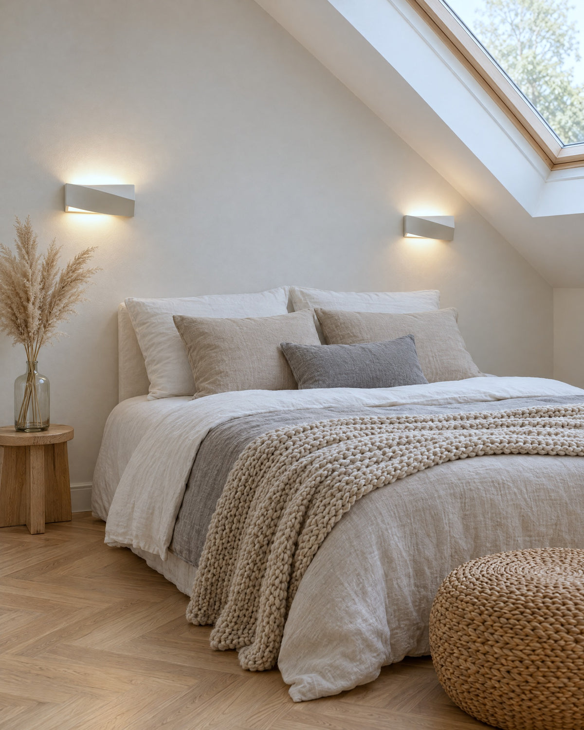Paire d'appliques Sigma Mini en céramique de chaque côté du lit dans une chambre mansardée