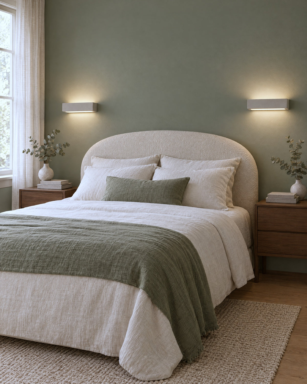 Paire d'appliques Vega en céramique de chaque côté du lit dans une chambre vert sauge