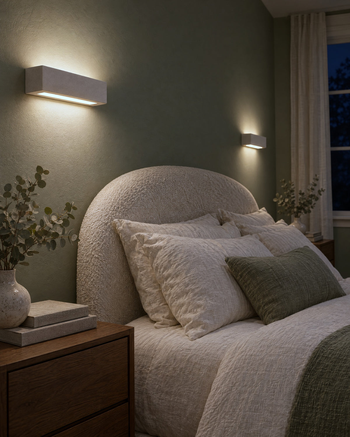 Applique Vega en céramique allumée le soir dans une chambre
