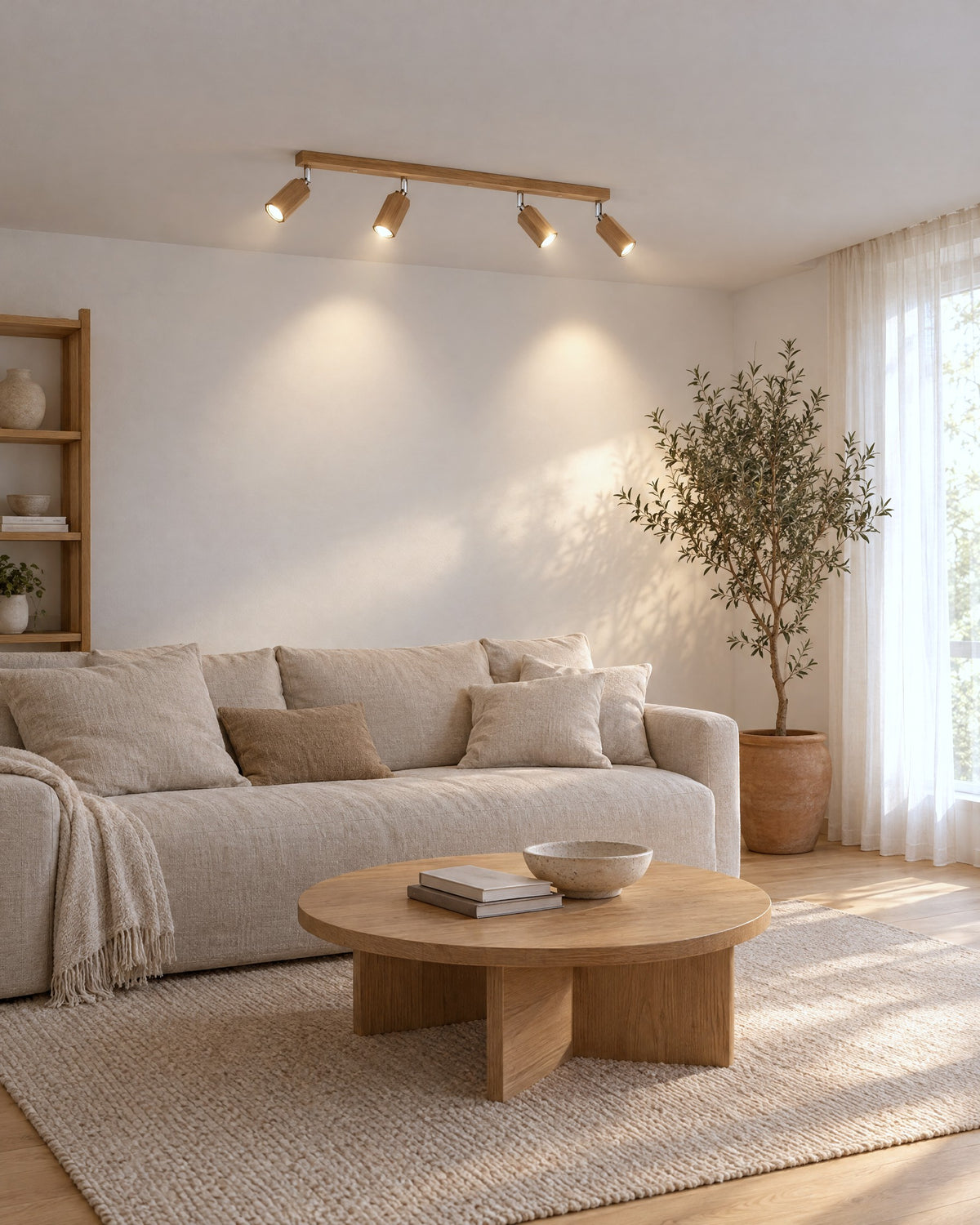 Plafonnier Zeke en chêne à 4 spots orientables dans un salon japandi