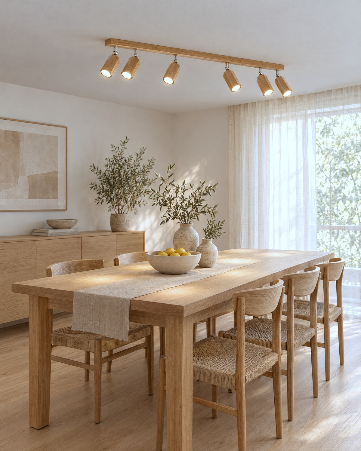 Plafonnier Zeke 6 spots en chêne au-dessus d'une grande table dans une salle à manger japandi