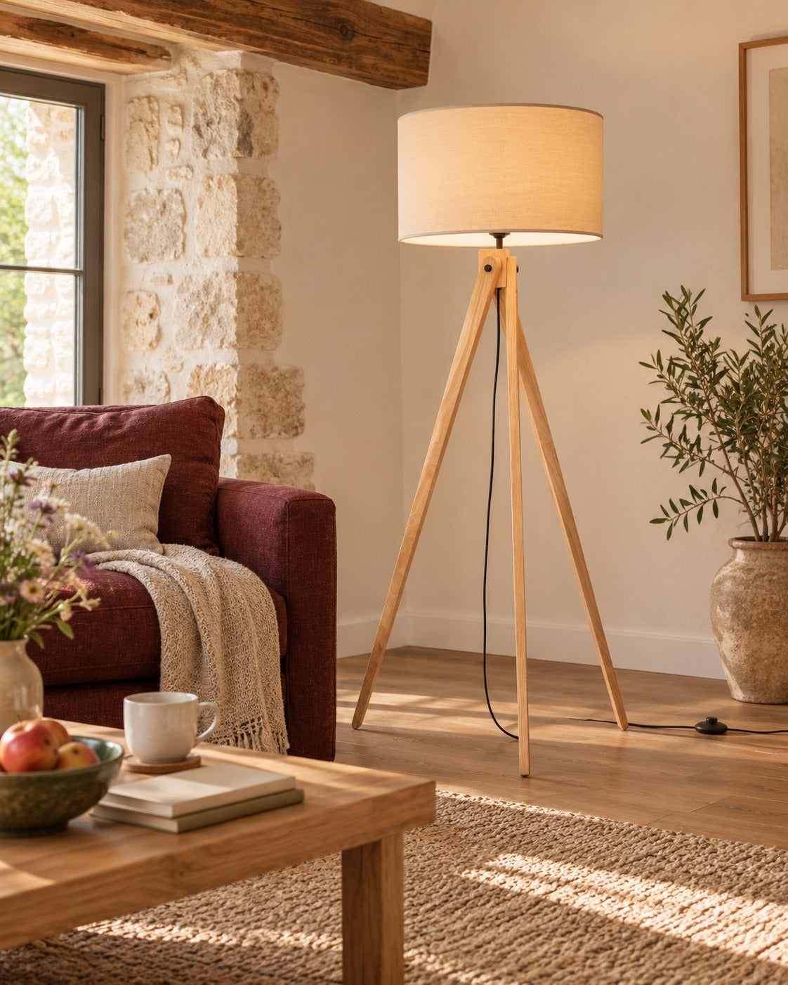 Lampadaire trépied Natt en bois allumé près d'un fauteuil dans un salon aux murs en pierre