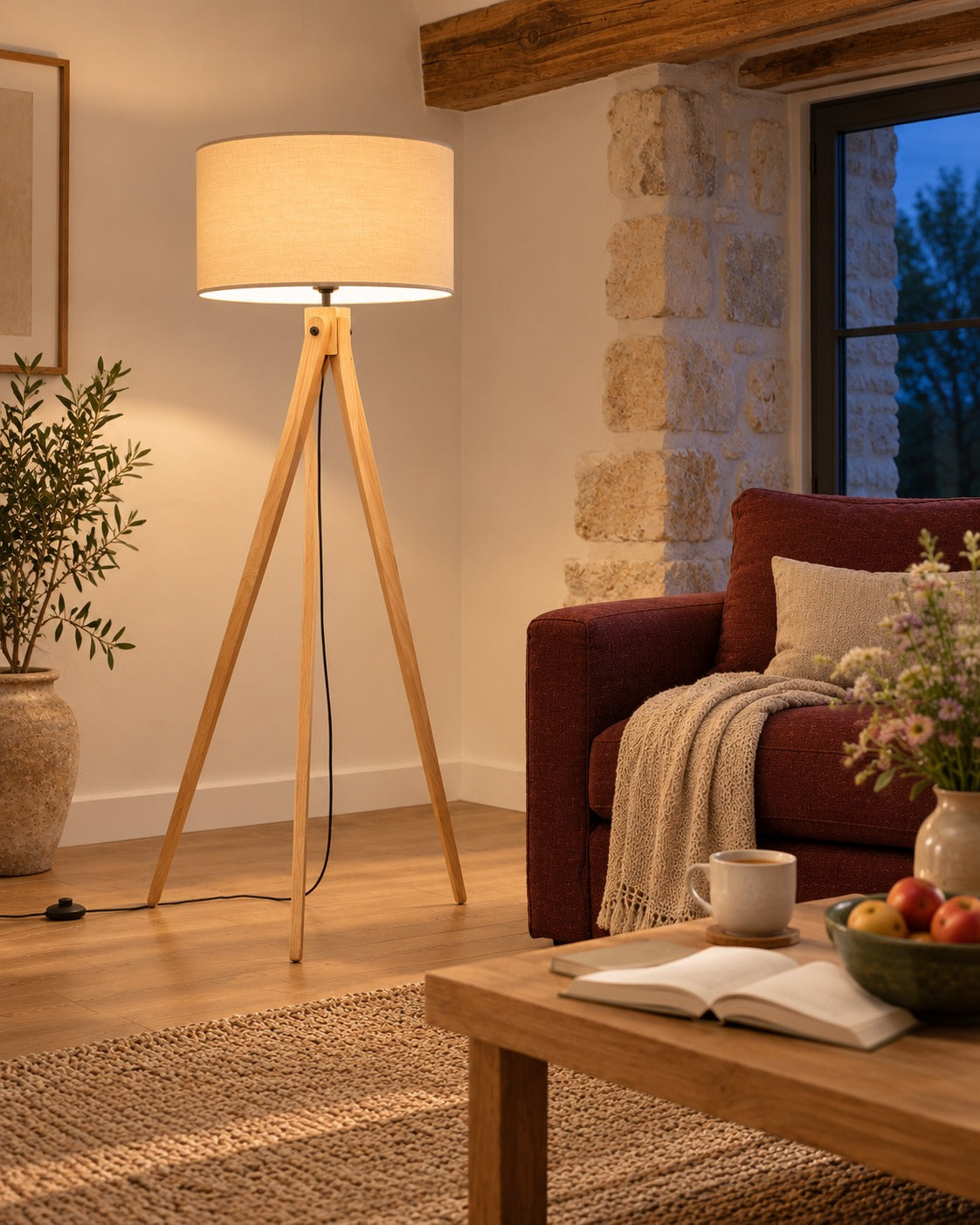 Lampadaire Natt allumé le soir à côté d'un fauteuil bordeaux dans un salon