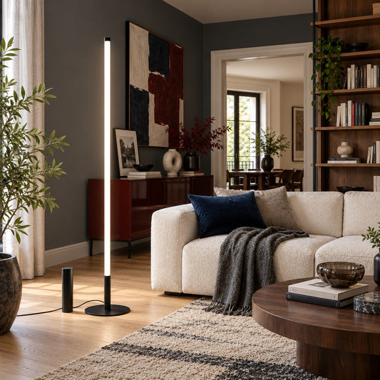 Lampadaire Trang noir, tube lumineux 150 cm, dans un salon aux murs gris