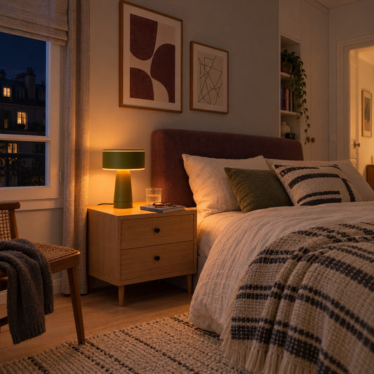 Lampe de chevet Axo vert olive allumée dans une chambre le soir