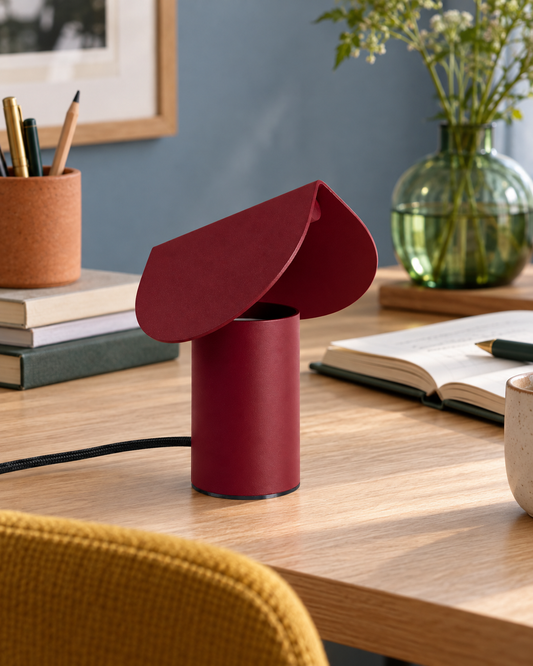 Lampe à poser Biscuit bordeaux sur un bureau en bois