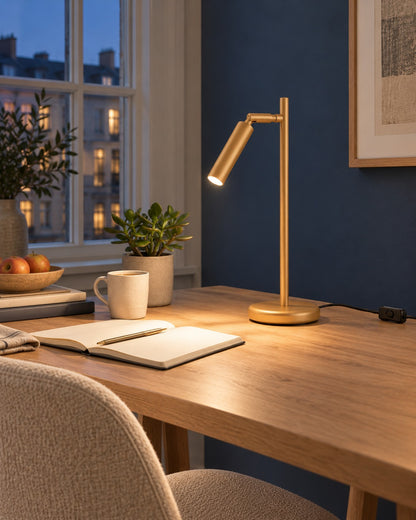Lampe Pastelo dorée allumée le soir sur la table de travail dans un bureau