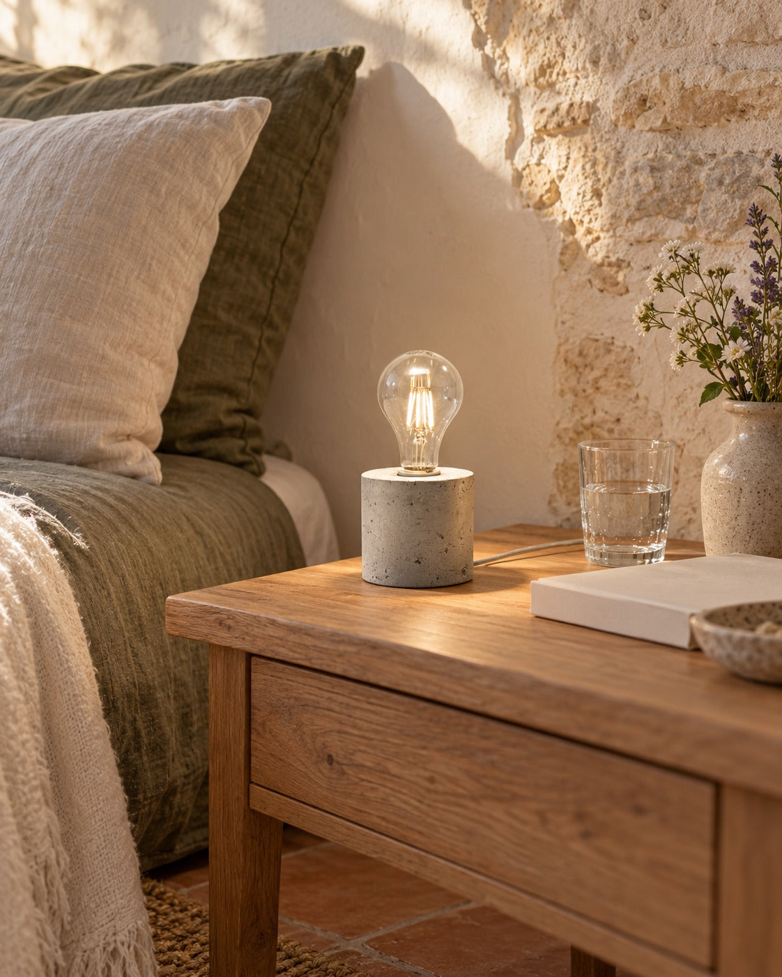 Lampe Salgado en béton allumée sur une table de chevet dans une chambre
