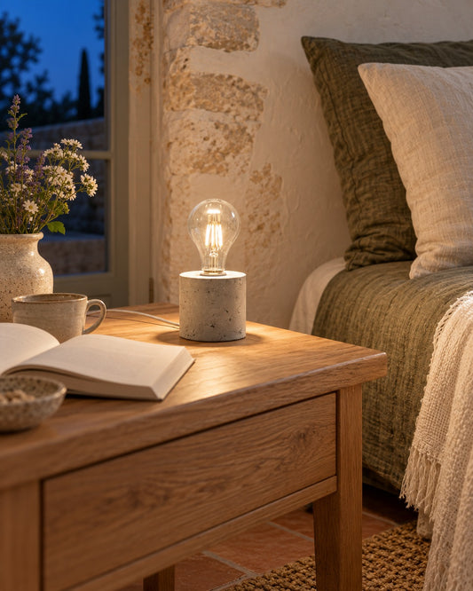 Lampe Salgado en béton allumée le soir sur une table de chevet dans une chambre
