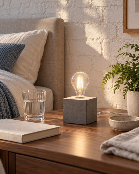 Lampe Ariz en béton allumée sur une table de nuit dans une chambre