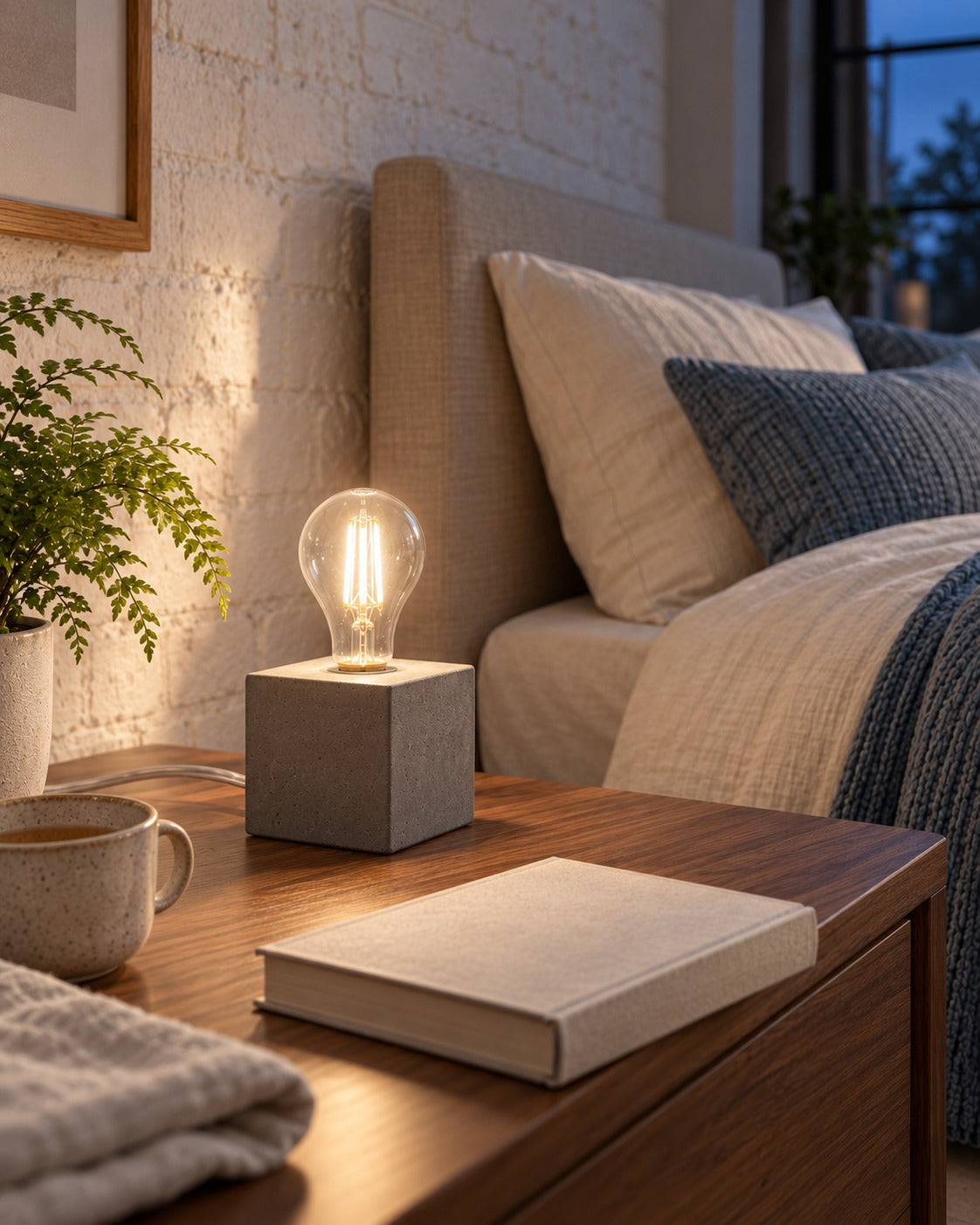 Lampe Ariz en béton allumée le soir près du lit dans une chambre
