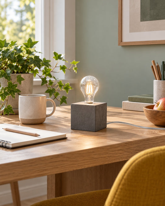 Lampe Ariz en béton sur une table de travail dans un bureau